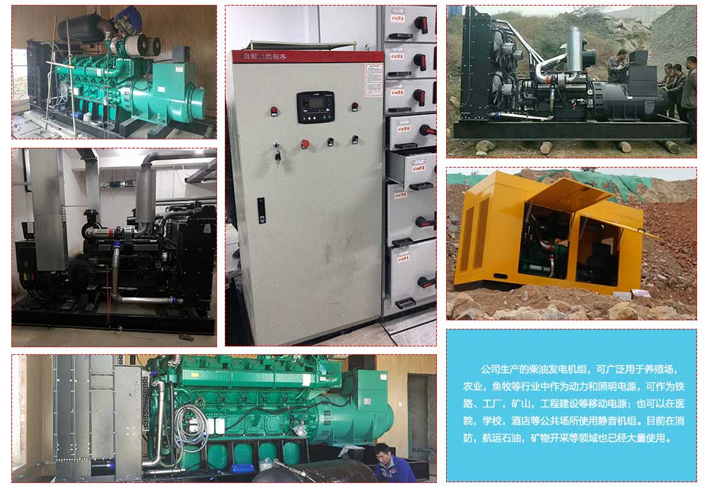       公司生產(chǎn)的柴油發(fā)電機(jī)組，可廣泛用于養(yǎng)殖場，農(nóng)業(yè)，魚牧等行業(yè)中作為動力和照明電源，可作為鐵路、工廠，礦山，工程建設(shè)等移動電源；也可以在醫(yī)院，學(xué)校，酒店等公共場所使用靜音機(jī)組。目前在消防，航運石油，礦物開采等領(lǐng)域也已經(jīng)大量使用。